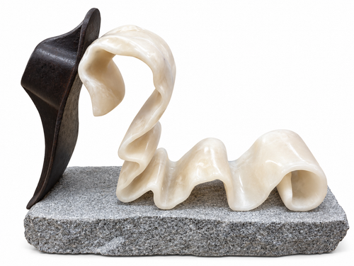 Profile perspective view of "Tenacious" by Rebecca Robinson, showcasing a hand-carved, translucent white agate ribbon winding out from a dark antique cast-iron cobbler's shoe mold on a grey granite base.