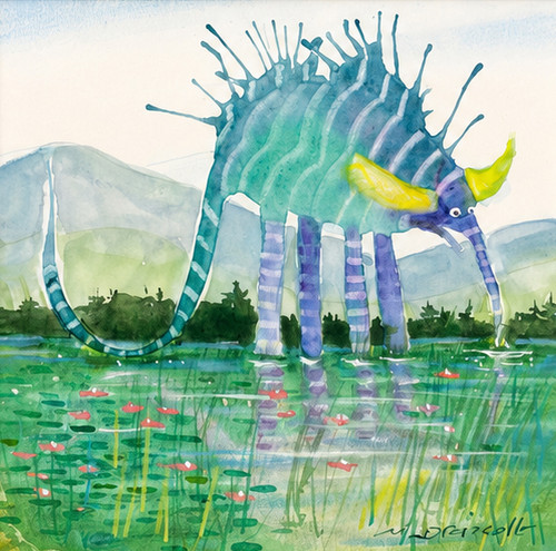 Square watercolor painting of a whimsical blue-striped monster with big yellow horns standing in a green lily pond by Mike Driscoll.
