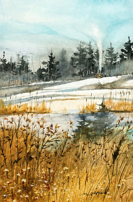 Vertical watercolor painting of a burning brush pile with white smoke on a snowy field next to a marsh pond with golden grass by Mike Driscoll