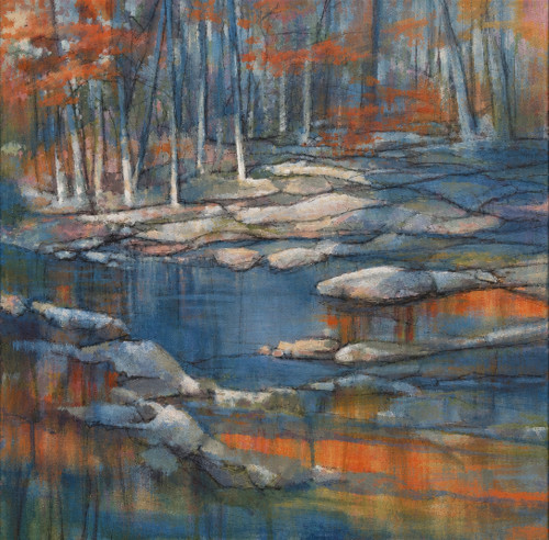 Square abstract impressionist acrylic and graphite painting of orange autumn trees and white birch trunks reflecting in a blue river pool over gray rocks by Cathryn Cooper.