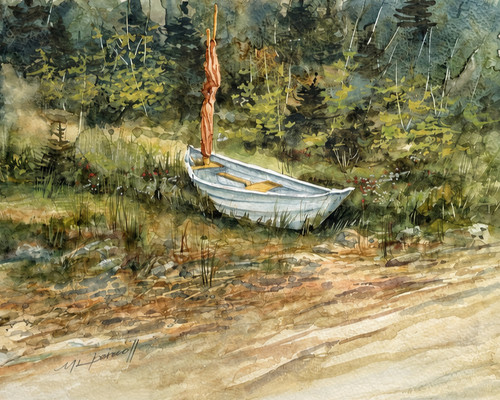 Horizontal watercolor painting of a white wooden dory boat with a wrapped orange sail pulled up onto a sandy and rocky shore in front of green trees by Mike Driscoll