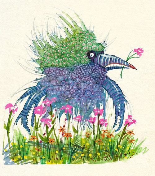 Vertical watercolor painting of a quirky creature with a bubbly green head and purple body holding a pink flower in its blue striped beak by Mike Driscoll