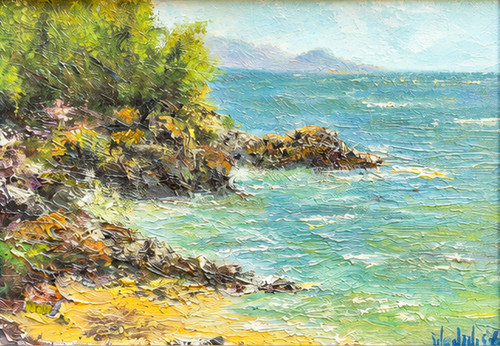 Small horizontal impressionist oil painting of a turquoise ocean beach crashing against a rocky green headland under a light sky by Marilyn Farnsworth Wendling.