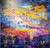 Large square abstract painting with thick scraped textures of yellow, pink, orange, and blue lights over dark water by Grace Scarlet.