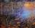 Oil painting of a quiet pond at sunrise with golden light reflecting on violet water and marsh grass by Gayle Bowen.