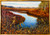 Large horizontal impressionist oil landscape painting on a metallic aluminum panel of a blue river winding through red and orange autumn marsh grass by Gayle Bowen.