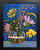 Illustrative acrylic and collage painting of yellow and purple flowers in a glass bowl vase against a swirled blue background by Willamarie Huelskamp.