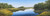 An original panoramic oil painting on linen by Sally Ladd Cole titled Early June Durham Marsh, depicting a wide, reflective blue river winding through green and gold marsh grasses and summer trees.