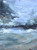 An original vertical abstract acrylic landscape painting by Ina Qirushi titled The Tempest, featuring a swirling blue-and-gray storm sky over crashing white waves and dark rocks.