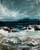 Vertical abstract impressionist acrylic landscape painting of white waves crashing on dark rocks in a blue sea under a cloudy blue sky by Ina Qirushi