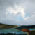 Square abstract oil painting of a green and rust-orange field under a massive white cloud in a grey sky by Tanya Hayes Lee.
