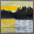 Square oil painting of a golden yellow sunset sky behind a dark pine tree line reflecting on the lake water by Sally Bourdon.