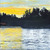 Square oil painting of a golden yellow sunset sky behind a dark pine tree line reflecting on the lake water by Sally Bourdon.