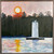 Square oil painting of a white lighthouse under a large glowing sun and a red autumn tree by Sally Bourdon.