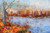 Oil painting of a rushing blue river bordered by orange autumn leaves and white birch trees by Gayle Bowen.