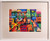 "Domestics 16" original 11x17 cubist colored pencil drawing by Lois DeWitt showing a geometric collage of orchard trees, mountains, a red crate, houseplants, and tabletop bottles