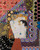 An intricate mixed media artwork by Emma Crisp titled Mother and Child, featuring a central collage of Klimt's mother and baby with a beaded gold hair crown, surrounded by colorful patterns.