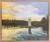 Impressionist oil painting of a white square lighthouse on water under a golden yellow sunset sky by Sally Bourdo