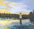 Impressionist oil painting of a white square lighthouse on water under a golden yellow sunset sky by Sally Bourdo