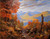 An original oil painting by Byron Carr titled Bear Notch Overlook, showing an expansive autumn view of the White Mountains from a rocky ridge with orange trees.