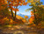 Horizontal impressionist oil painting of a dirt road clearing looking out onto a solitary gold tree and blue mountains under a blue sky by Byron Carr.