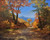 An original oil painting by Byron Carr titled Path of Discovery, showing a dirt mountain path lined with vibrant autumn trees leading to a distant blue mountain view.