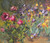 "Cottage Garden" original 14x11 impressionist oil on linen canvas painting by Sara Rae featuring vibrant magenta, purple, and yellow wildflowers in a garden bed.