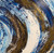 "Large square abstract painting with swirled textures of midnight blue, metallic gold, and a thick crescent of white foam by Grace Scarlet.