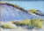 "Original 6x8 horizontal landscape pastel on paper painting titled Dune Shadow #9 by Sandra Kavanaugh, showing a massive lavender shadow sweeping across a coastal sand dune under a bright blue sky."