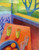 "Interior 9" original 3.5x4.5 abstract colored pencil drawing by Lois DeWitt showing an orange table with cylinders, a blue fruit bowl, and a window looking out at blue trees.