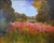 "Fields in Bloom" is an original 20x16 vertical oil painting by Monique Sakellarios, showing a dense field of pink flowers framed by green trees and a soft blue sky.