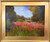 "Fields in Bloom" is an original 20x16 vertical oil painting by Monique Sakellarios, showing a dense field of pink flowers framed by green trees and a soft blue sky.
