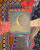 An intricate mixed-media artwork by Emma Crisp titled Selene, featuring a central collage of a female figure arching on a golden-bead crescent moon, surrounded by colorful patterns.