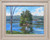 Impressionist oil landscape painting of a green pine tree island on a blue lake with a white buoy by Debbie Campbell.