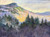 "Greens Cliff" original 24x18 vertical landscape pastel painting by Sandra Kavanaugh showing a rocky mountain slope glowing in bright gold sunlight behind dark evergreen trees