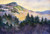 "Original 24 by 18 inch horizontal landscape pastel painting titled Greens Cliff by Sandra Kavanaugh, depicting a steep sunlit mountain slope and alpine evergreens under a glowing sky."