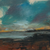 An original square abstract acrylic landscape painting by Ina Qirushi titled Baxter Boulevard, featuring a textured brown shoreline under a teal and orange sunset sky.