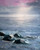 Large horizontal abstract impressionist acrylic painting of gray waves crashing on rocky granite cliffs under a misty lavender sky by Ina Qirushi