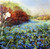 Oil painting of a dense field of blue forget me not flowers with a white blossom and red hedge by Gayle Bowen.