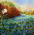 Large square impressionist oil painting on a metallic aluminum panel of a dense field of blue forget-me-nots next to copper bushes under a hazy sky by Gayle Bowen.