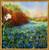 Large square impressionist oil painting on a metallic aluminum panel of a dense field of blue forget-me-nots next to copper bushes under a hazy sky by Gayle Bowen.