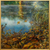 Oil on aluminum painting of a pond bank piled with autumn leaves reflecting a blue sky by Gayle Bowen.