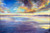 Luminous oil on aluminum painting of a dramatic gold and purple sunset reflecting on calm ocean water by Gayle Bowen.