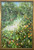 Vibrant oil on aluminum painting, looking up into a lush apple tree canopy, with bright sunlight, by Gayle Bowen.