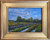 "Original 9x12 horizontal oil on canvas landscape painting titled Happy Place by Jeanne Pierce, depicting vibrant, sunlit linear rows of a flower farm under dramatic clouds."