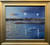 Impressionist nocturne oil painting of a single boat anchored in a blue Irish harbor under night streetlamps by Vincent Crotty