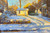 Impressionist oil painting of a sunlit yellow garage and cars parked in a snowy driveway with blue shadows by Vincent Crotty.