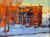 Impressionist oil painting of a bright orange brick building in winter snow by Vincent Crotty.
