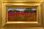 "Original 5x10 panoramic horizontal oil on Masonite painting titled Les Coquelicots by Monique Sakellarios, depicting a figure standing in a vast magenta and crimson poppy field."