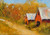 "Original 6x8 impressionist oil painting titled Quintessential Fall by Marilyn Farnsworth Wendling, showing a golden autumn landscape with rustic red barns."